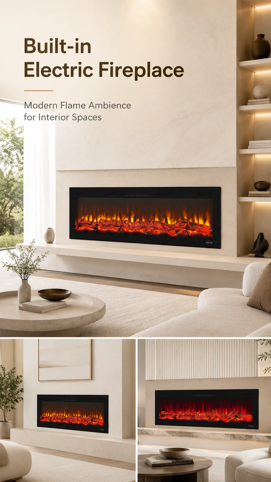 Built-in electric fireplace creating modern flame ambience in a neutral living room