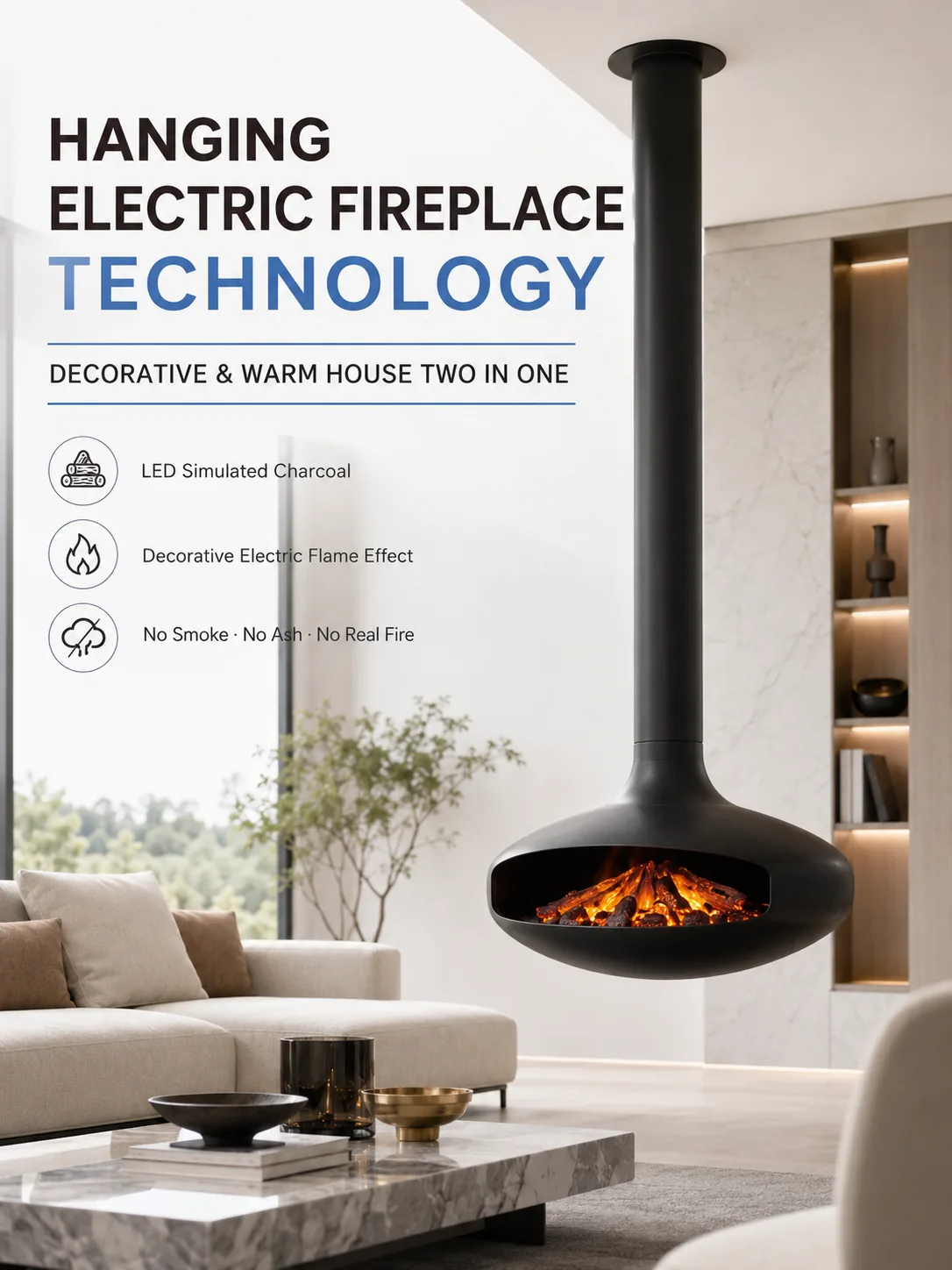 Hanging electric fireplace in a modern living room with LED simulated charcoal flame