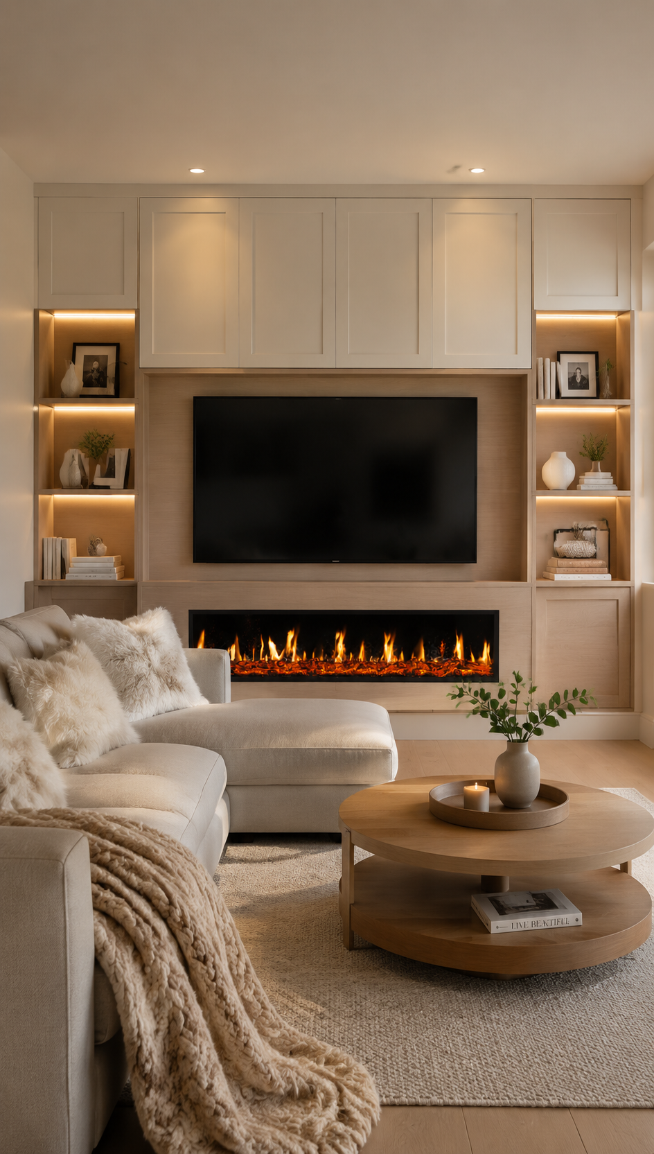 Built-in electric fireplace TV wall with custom cabinetry