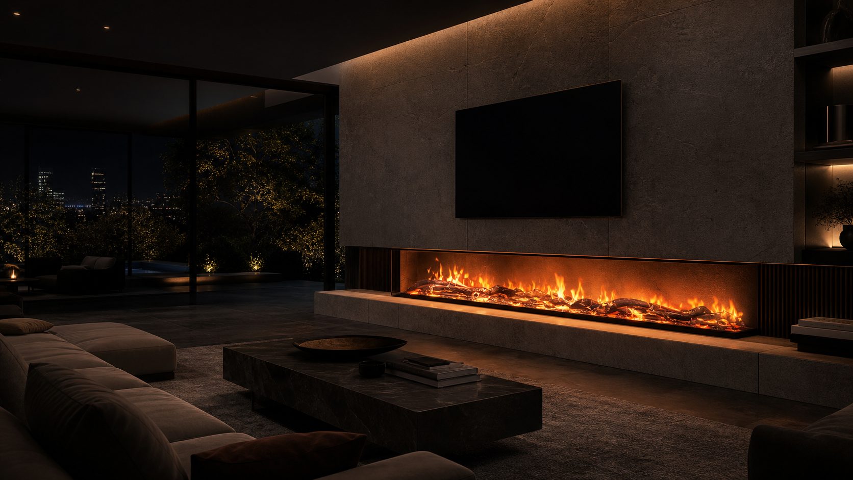 Luxury villa living room fireplace night scene