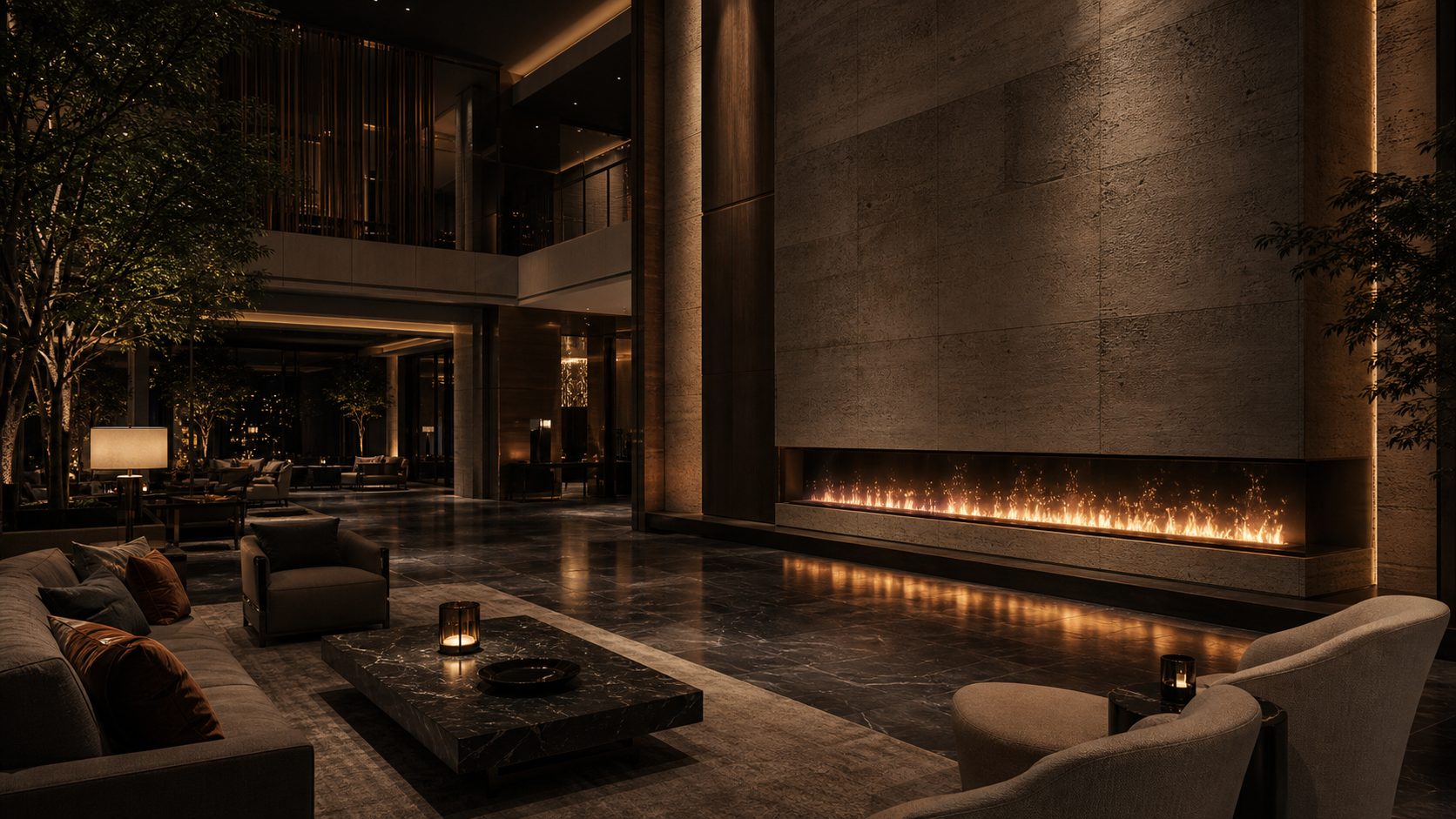 Five-star hotel lobby water vapor fireplace night scene