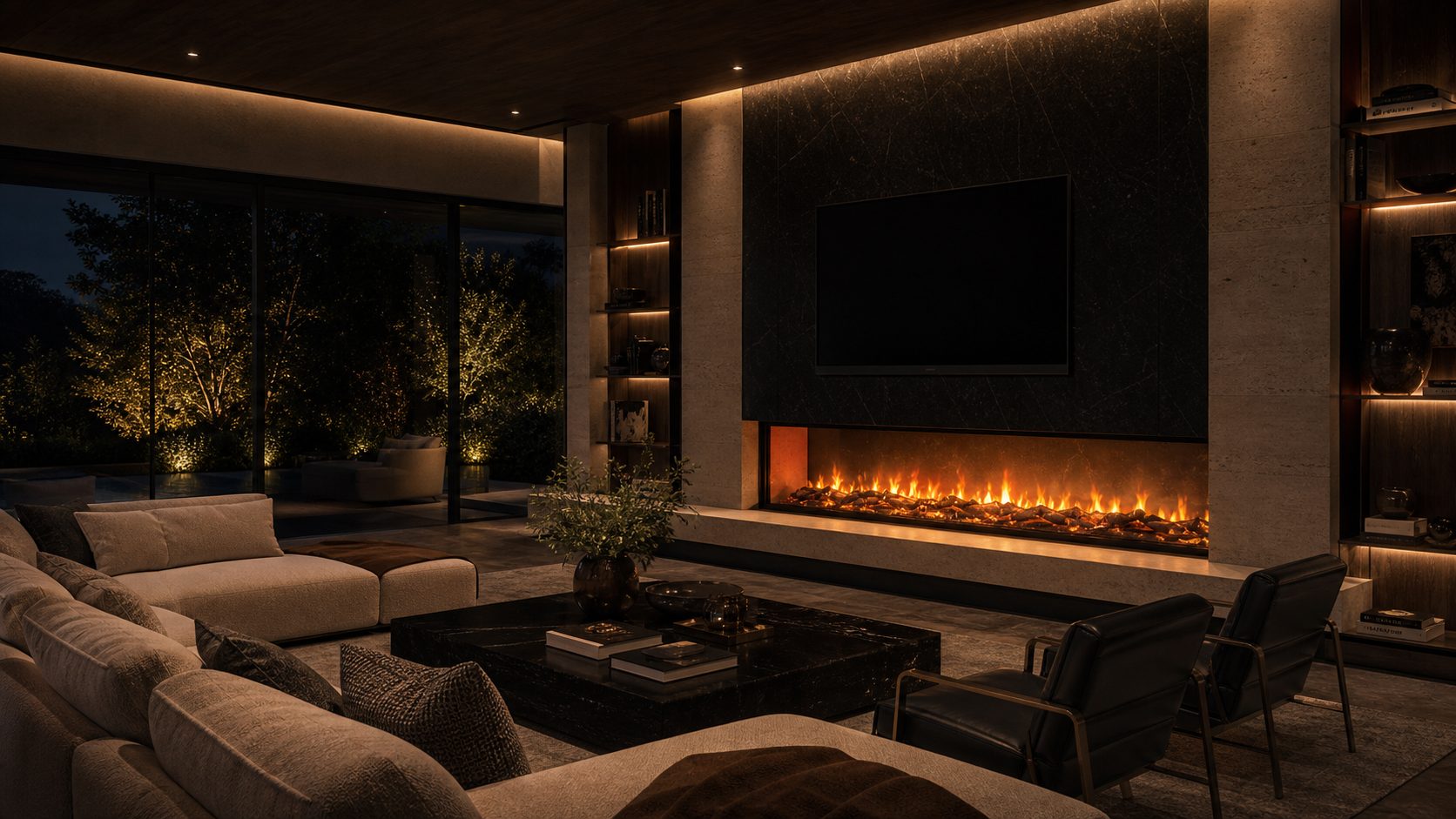 High-end soft furnishing lounge fireplace night scene