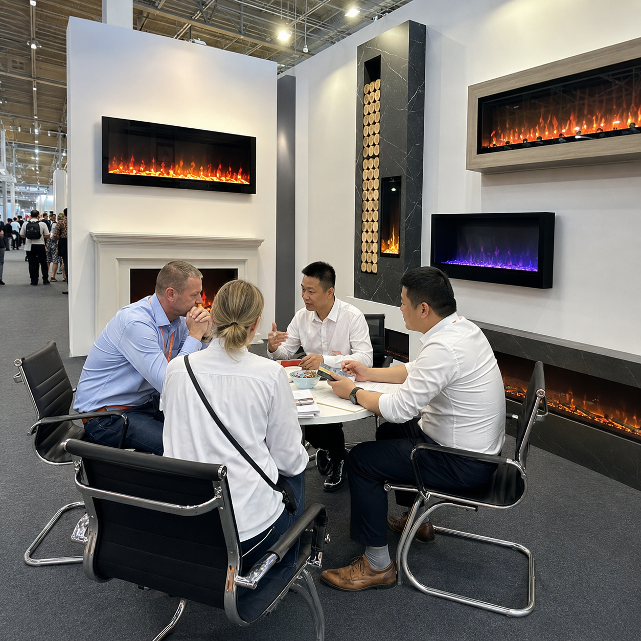 Foshan Yongqiao fireplace exhibition booth meeting with international buyers